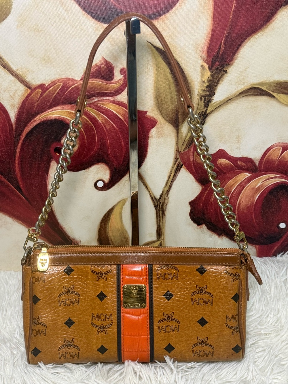 MCM Visetos Cognac Mini Chain Shoulder Bag